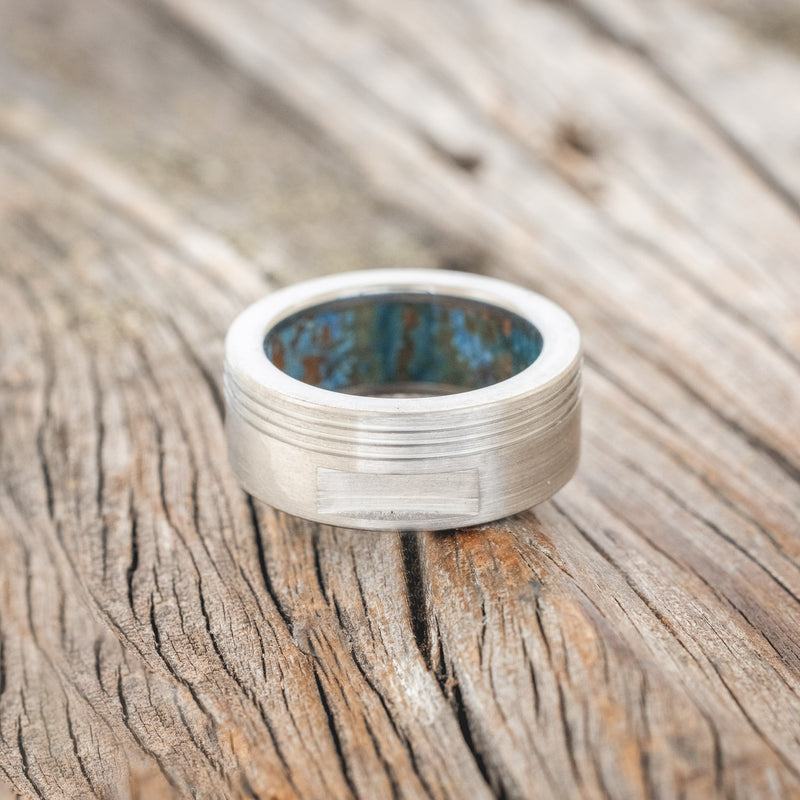 PISTON INSPIRED MEN'S ENGAGEMENT RING WITH PATINA COPPER LINING AND A BRUSHED FINISH