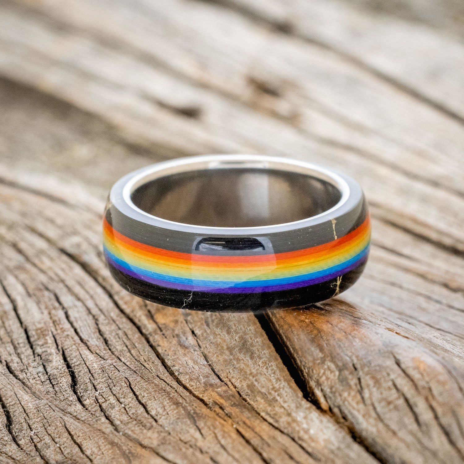 "HAVEN" - PRIDE INSPIRED WEDDING BAND WITH BLACK & GOLD TRUSTONE-3