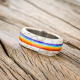 "HAVEN" - PRIDE INSPIRED WEDDING BAND WITH WHITE & GOLD TRUSTONE- TITANIUM - SIZE 7 3/4-1