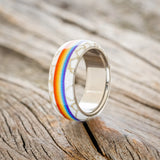 "HAVEN" - PRIDE INSPIRED WEDDING BAND WITH WHITE & GOLD TRUSTONE- TITANIUM - SIZE 7 3/4-3