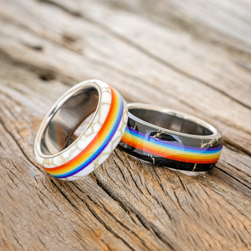 "HAVEN" - PRIDE INSPIRED WEDDING BAND WITH WHITE & GOLD TRUSTONE