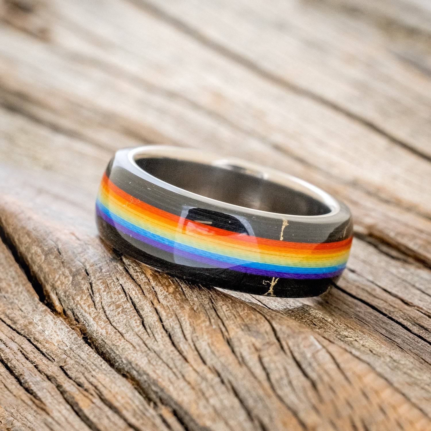"HAVEN" - PRIDE INSPIRED WEDDING BAND WITH BLACK & GOLD TRUSTONE-2