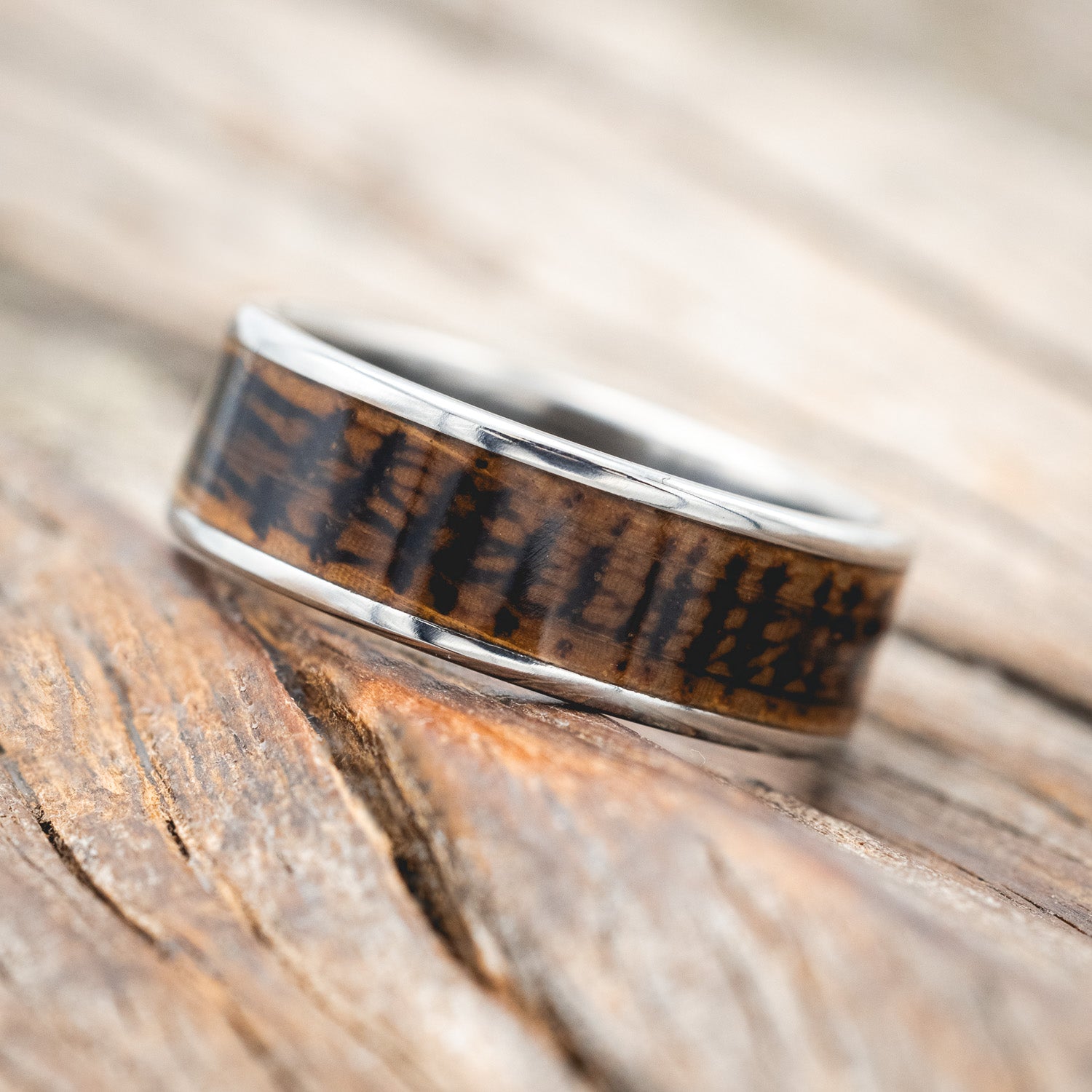 "RAINIER" - BURNT WHISKEY BARREL OAK WEDDING RING-Staghead Designs
