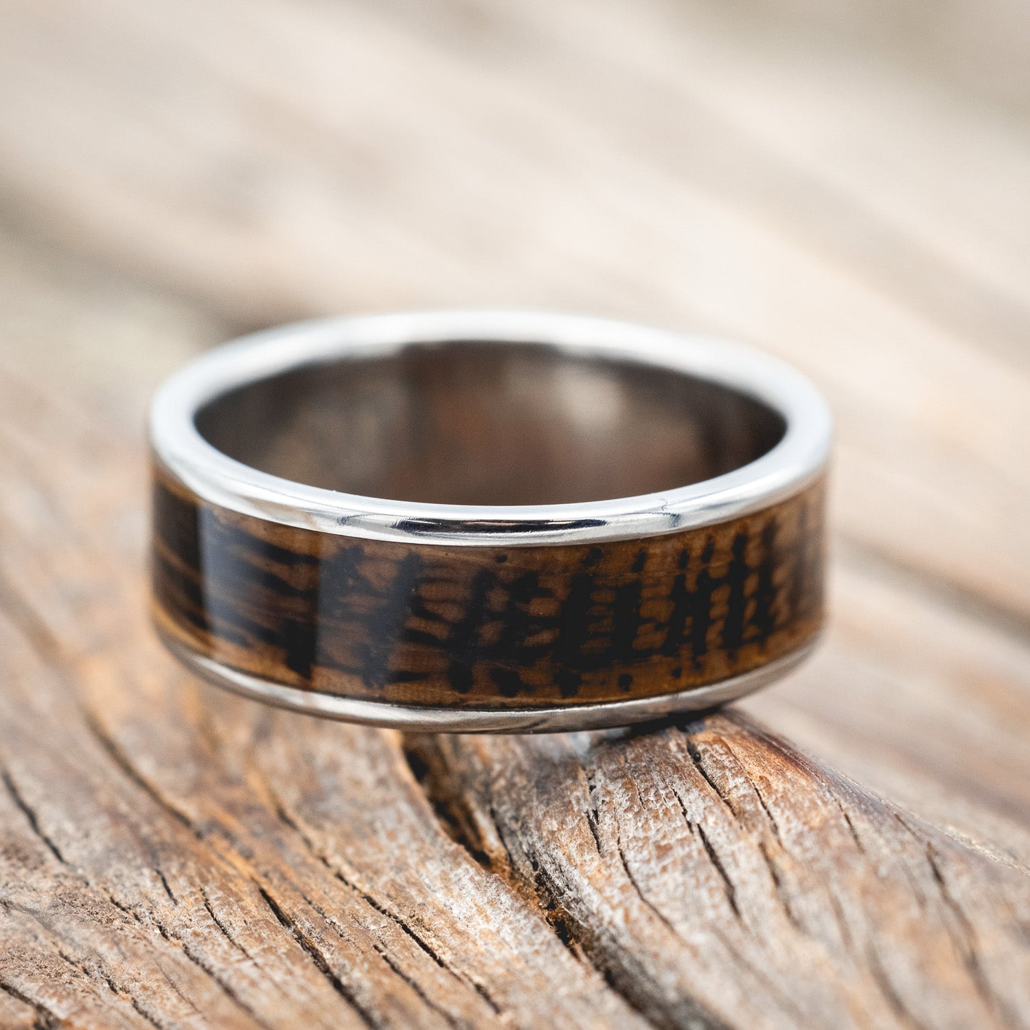 "RAINIER" - BURNT WHISKEY BARREL OAK WEDDING RING-Staghead Designs