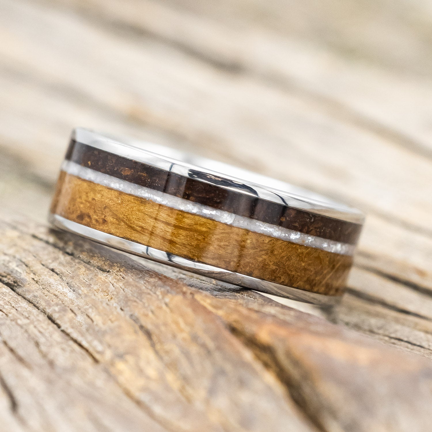 "RAINIER" - DIAMOND DUST, WHISKEY BARREL & COFFEE INLAY WEDDING BAND-Staghead Designs