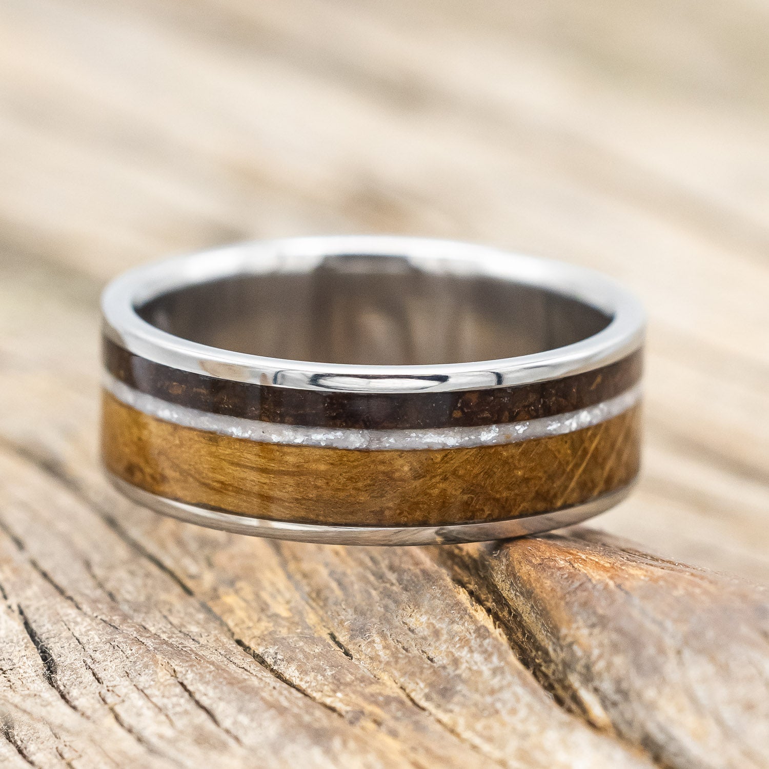 "RAINIER" - DIAMOND DUST, WHISKEY BARREL & COFFEE INLAY WEDDING BAND-Staghead Designs