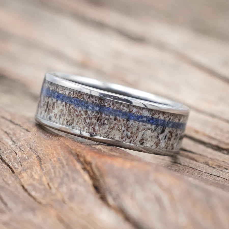 "RAINIER" - ANTLER WEDDING BAND WITH OFFSET LAPIS LAZULI INLAY - TITANIUM - SIZE 11-Staghead Designs