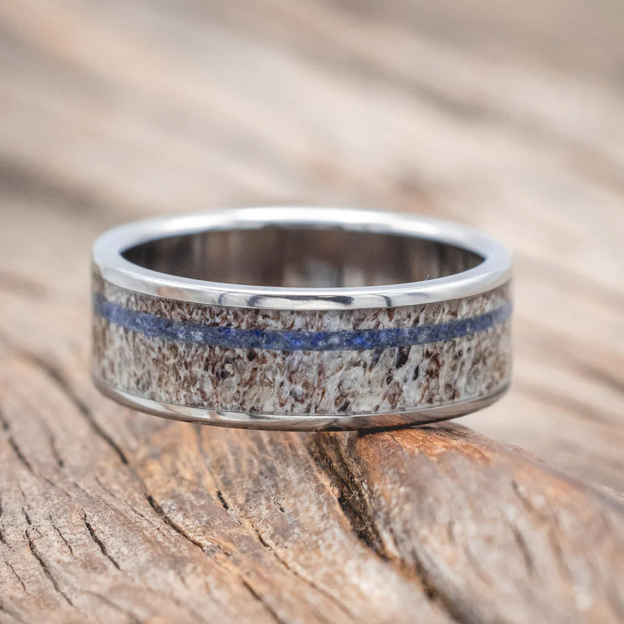 "RAINIER" - ANTLER WEDDING BAND WITH OFFSET LAPIS LAZULI INLAY - TITANIUM - SIZE 11-Staghead Designs