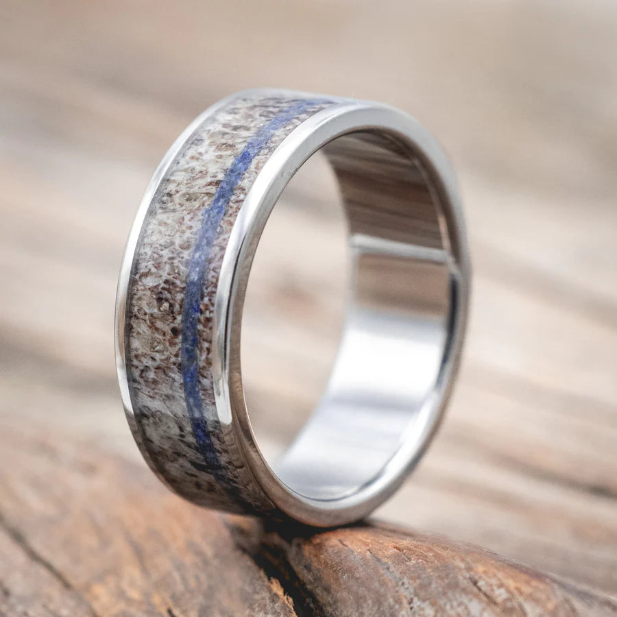 "RAINIER" - ANTLER WEDDING BAND WITH OFFSET LAPIS LAZULI INLAY - TITANIUM - SIZE 11-Staghead Designs