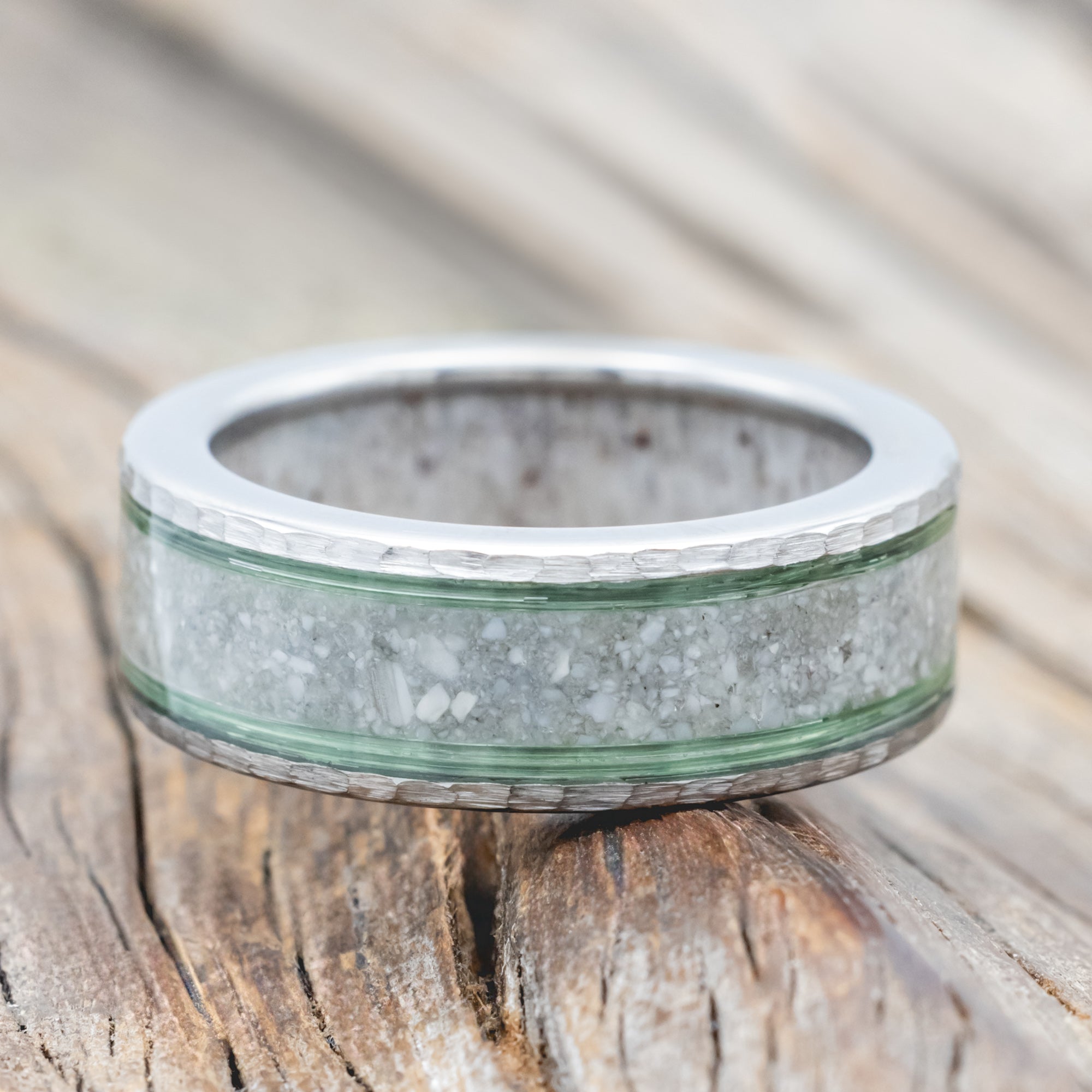 "RAINIER" - ELK IVORY & FISHING LINE WEDDING BAND WITH AN ANTLER LINING & A HAMMERED FINISH-Staghead Designs
