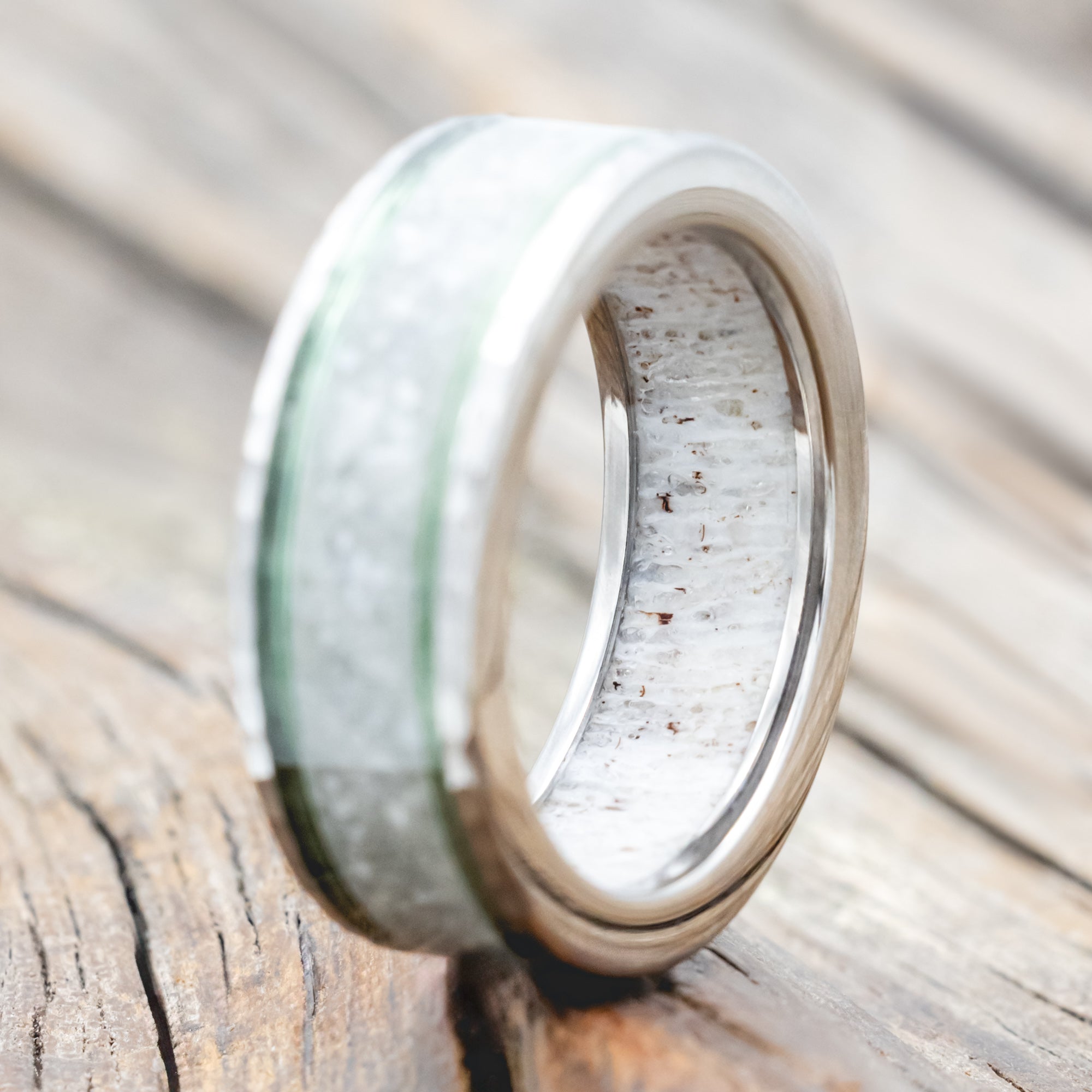 "RAINIER" - ELK IVORY & FISHING LINE WEDDING BAND WITH AN ANTLER LINING & A HAMMERED FINISH-Staghead Designs