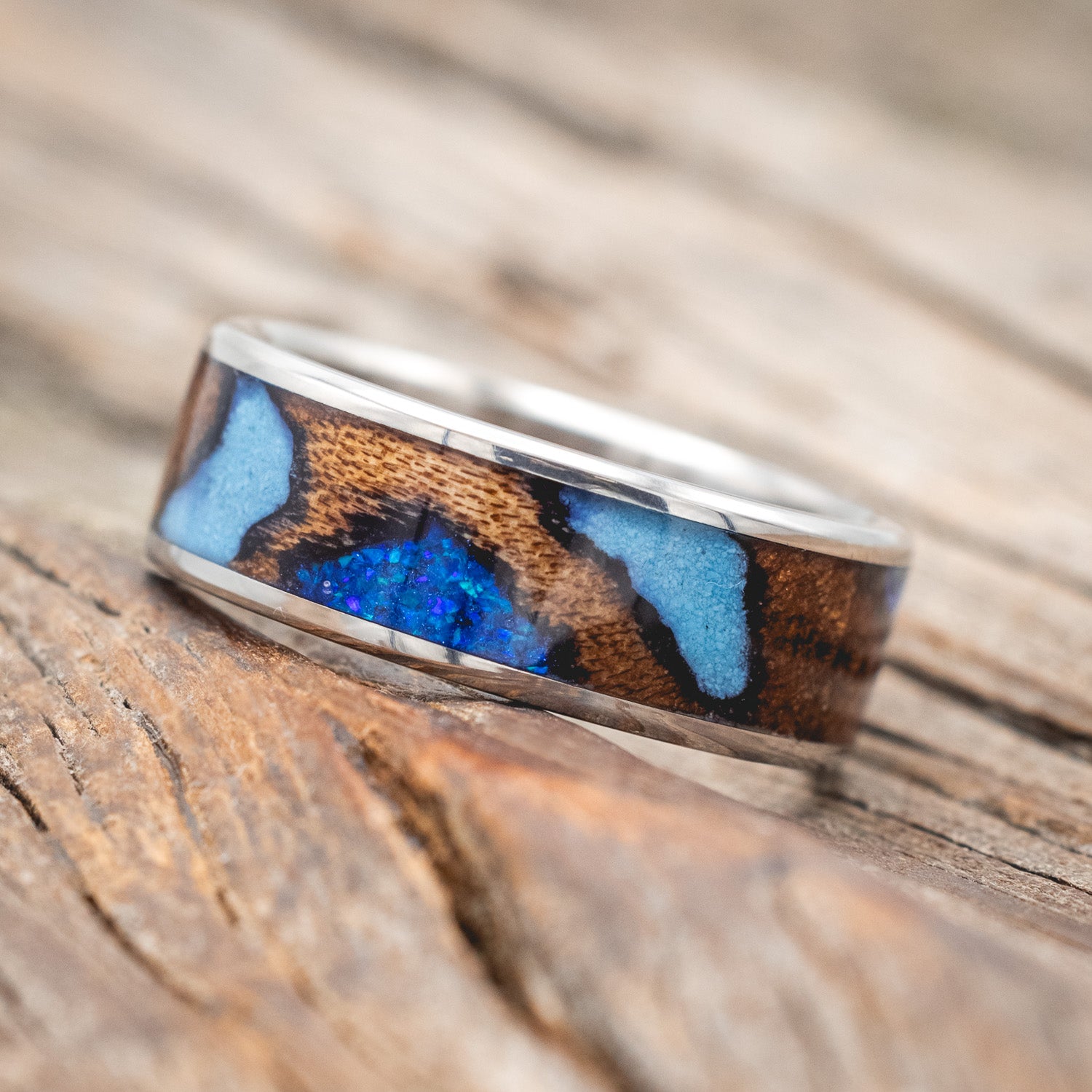 "RAINIER" - ELM BURL WOOD, BLUE OPAL & TURQUOISE WEDDING RING-Staghead Designs