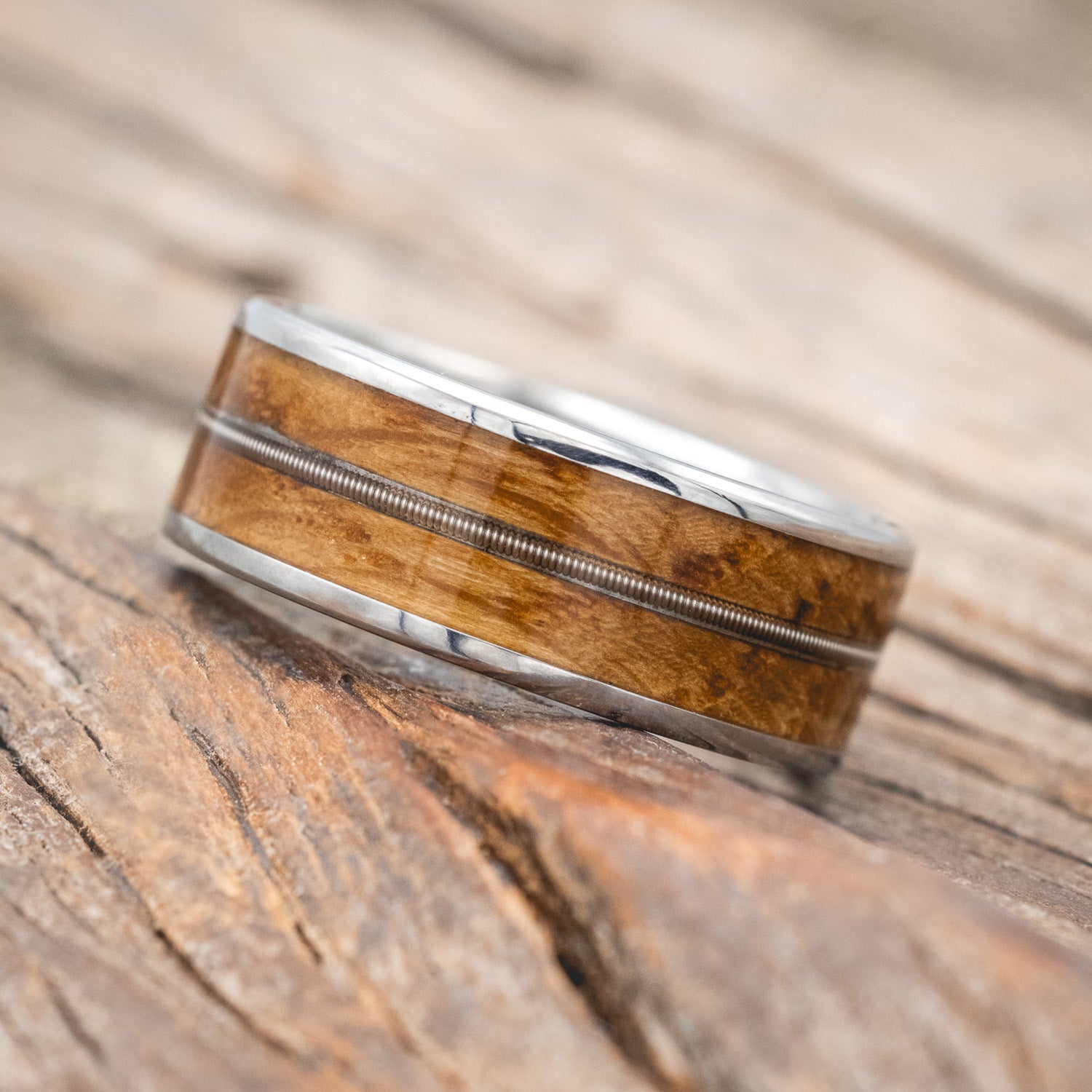 "RAINIER" - GUITAR STRING & WHISKEY BARREL OAK WEDDING RING-Staghead Designs