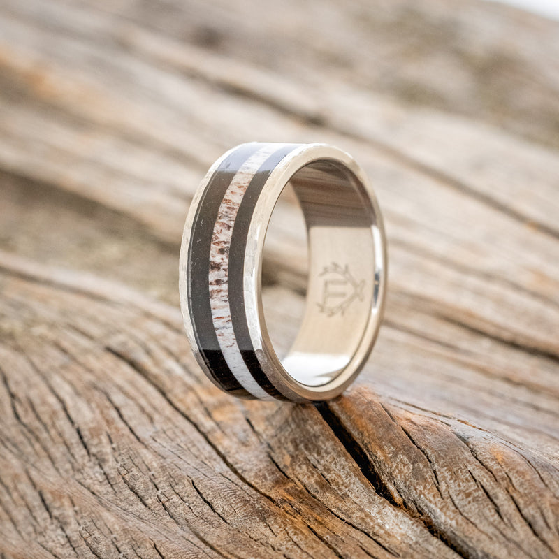 "RAINIER" - ANTLER & IRONWOOD WEDDING RING WITH HAMMERED FINISH - READY TO SHIP-1