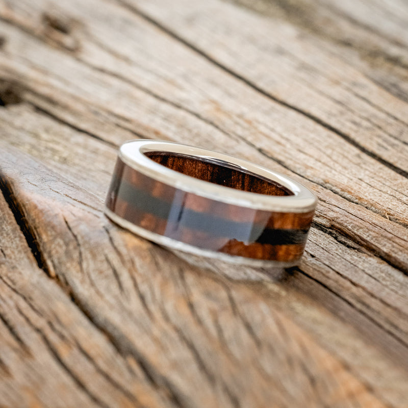 "RAINIER" - REDWOOD INLAY AND LINING WEDDING RING WITH JET STONE & HAMMERED FINISH-5