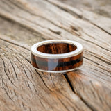 "RAINIER" - REDWOOD INLAY AND LINING WEDDING RING WITH JET STONE & HAMMERED FINISH-3