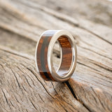 "RAINIER" - REDWOOD INLAY AND LINING WEDDING RING WITH JET STONE & HAMMERED FINISH-4