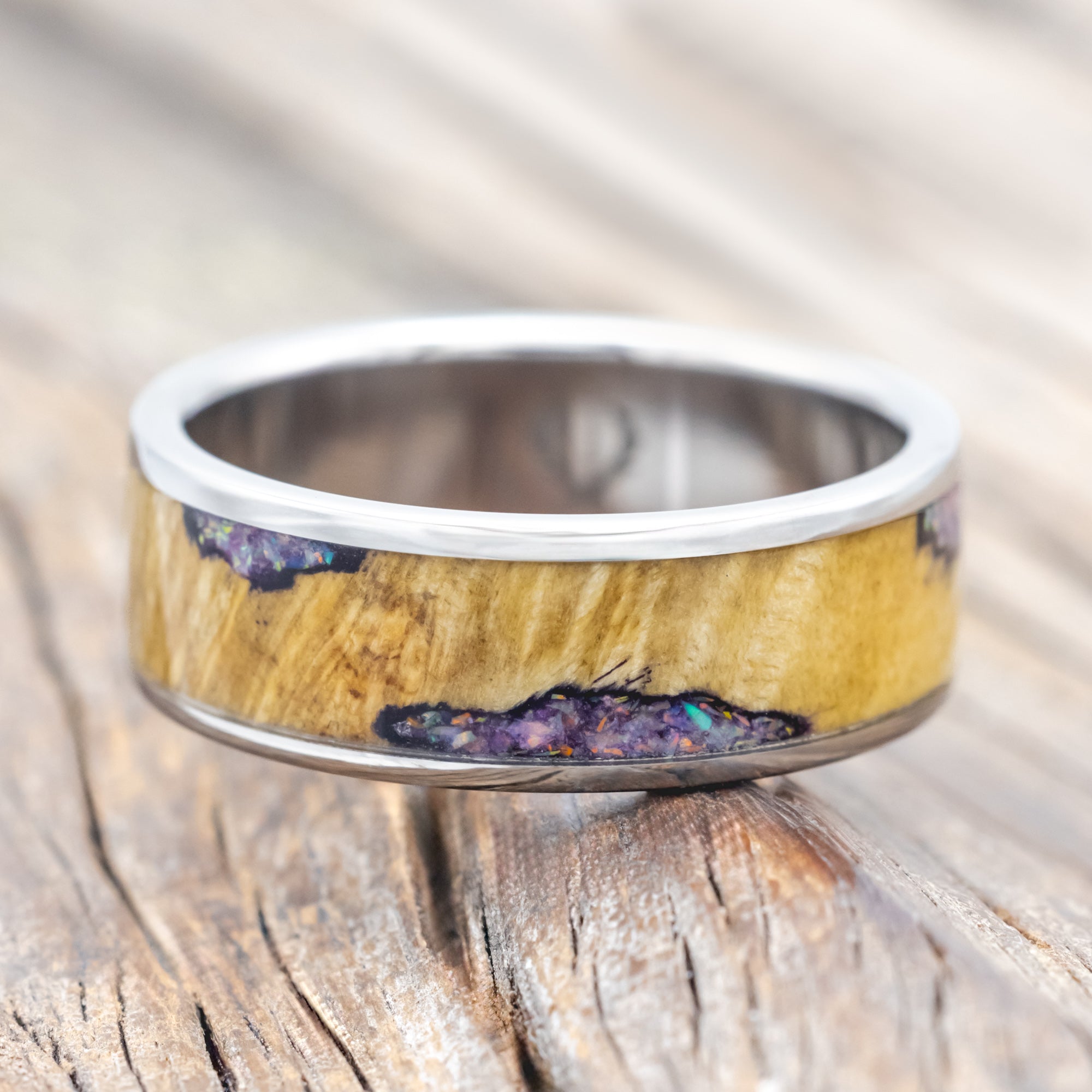 "RAINIER" - MATCHING SET OF BUCKEYE BURL WOOD WITH SUGILITE & OPAL MIX WEDDING BANDS-Staghead Designs