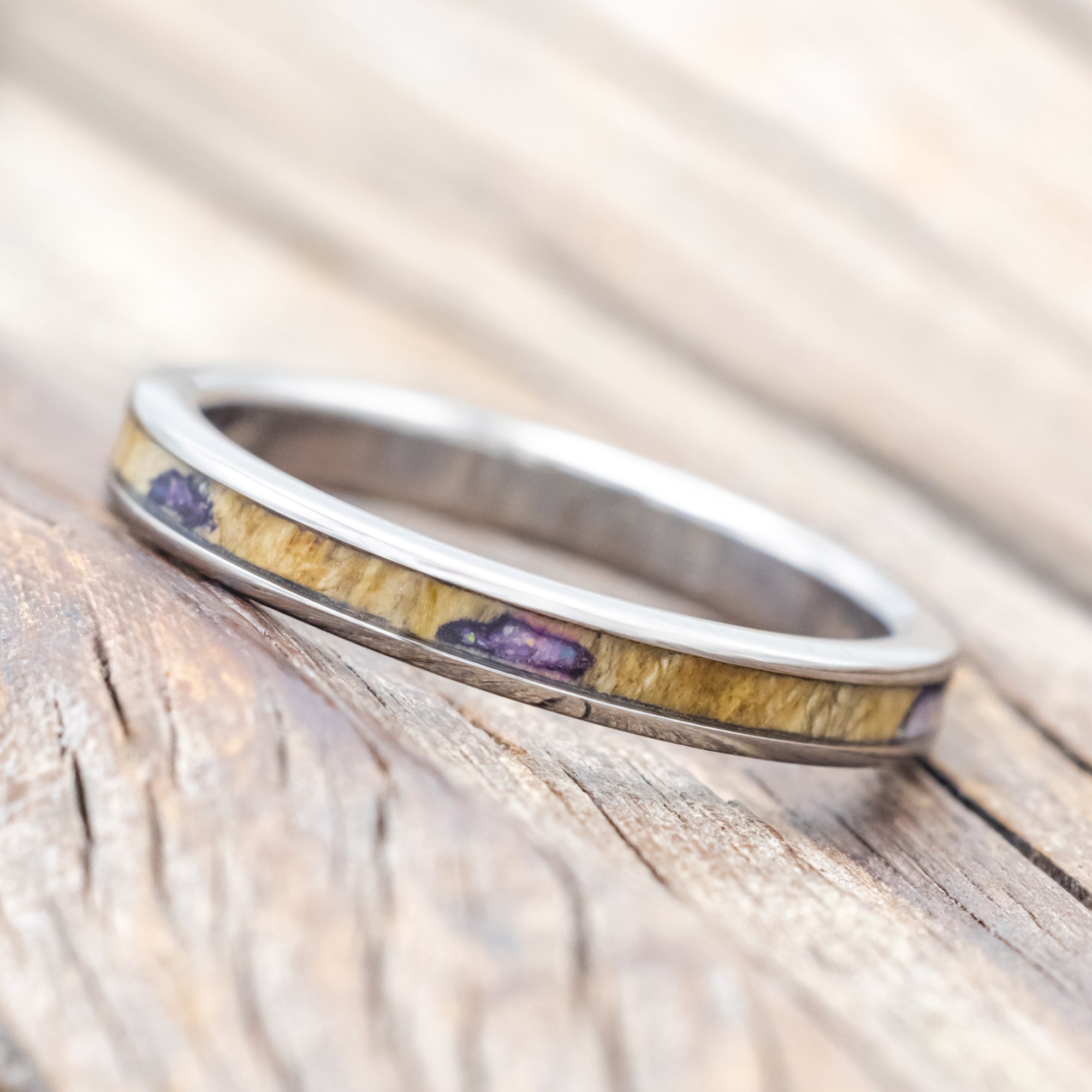 "RAINIER" - MATCHING SET OF BUCKEYE BURL WOOD WITH SUGILITE & OPAL MIX WEDDING BANDS-Staghead Designs