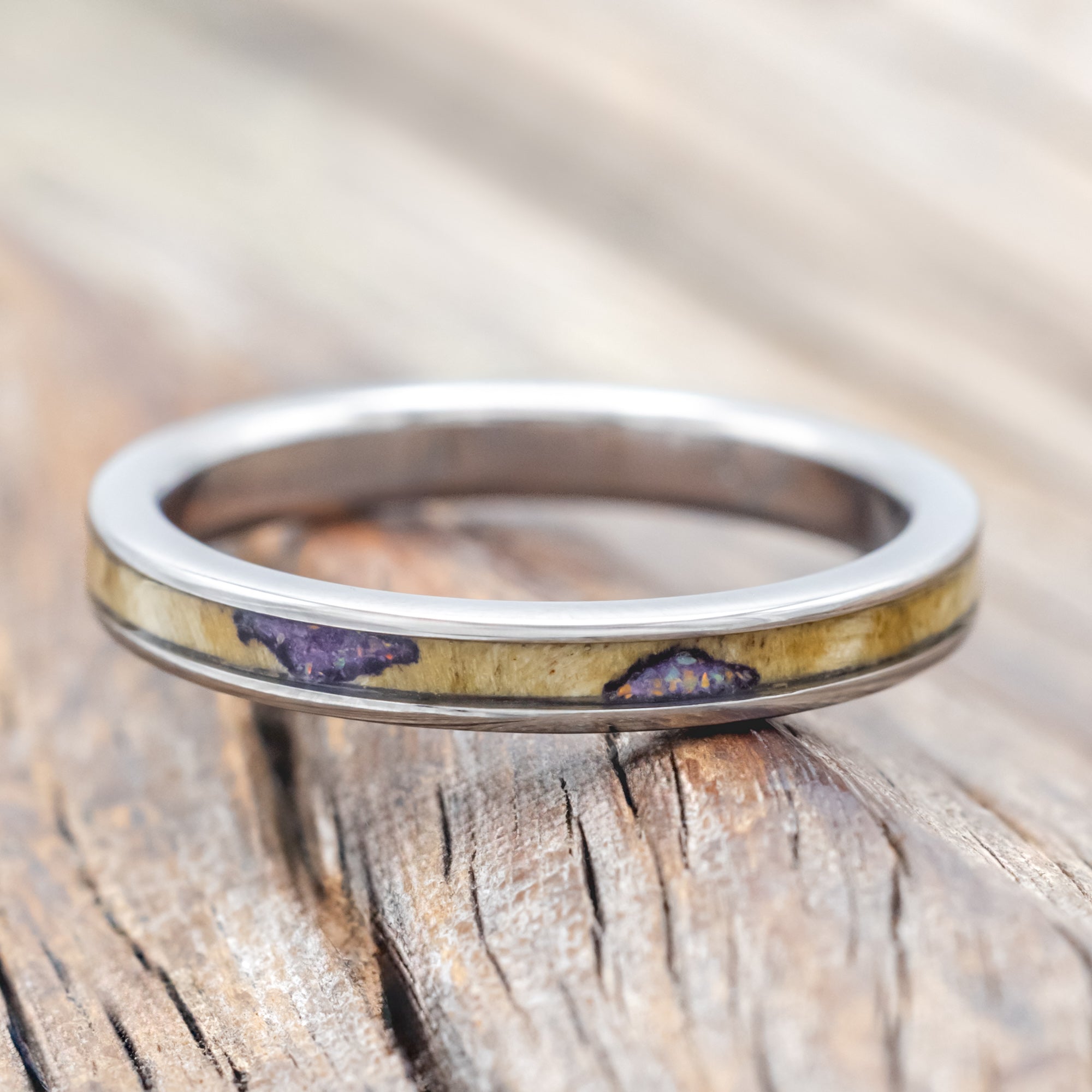 "RAINIER" - MATCHING SET OF BUCKEYE BURL WOOD WITH SUGILITE & OPAL MIX WEDDING BANDS-Staghead Designs