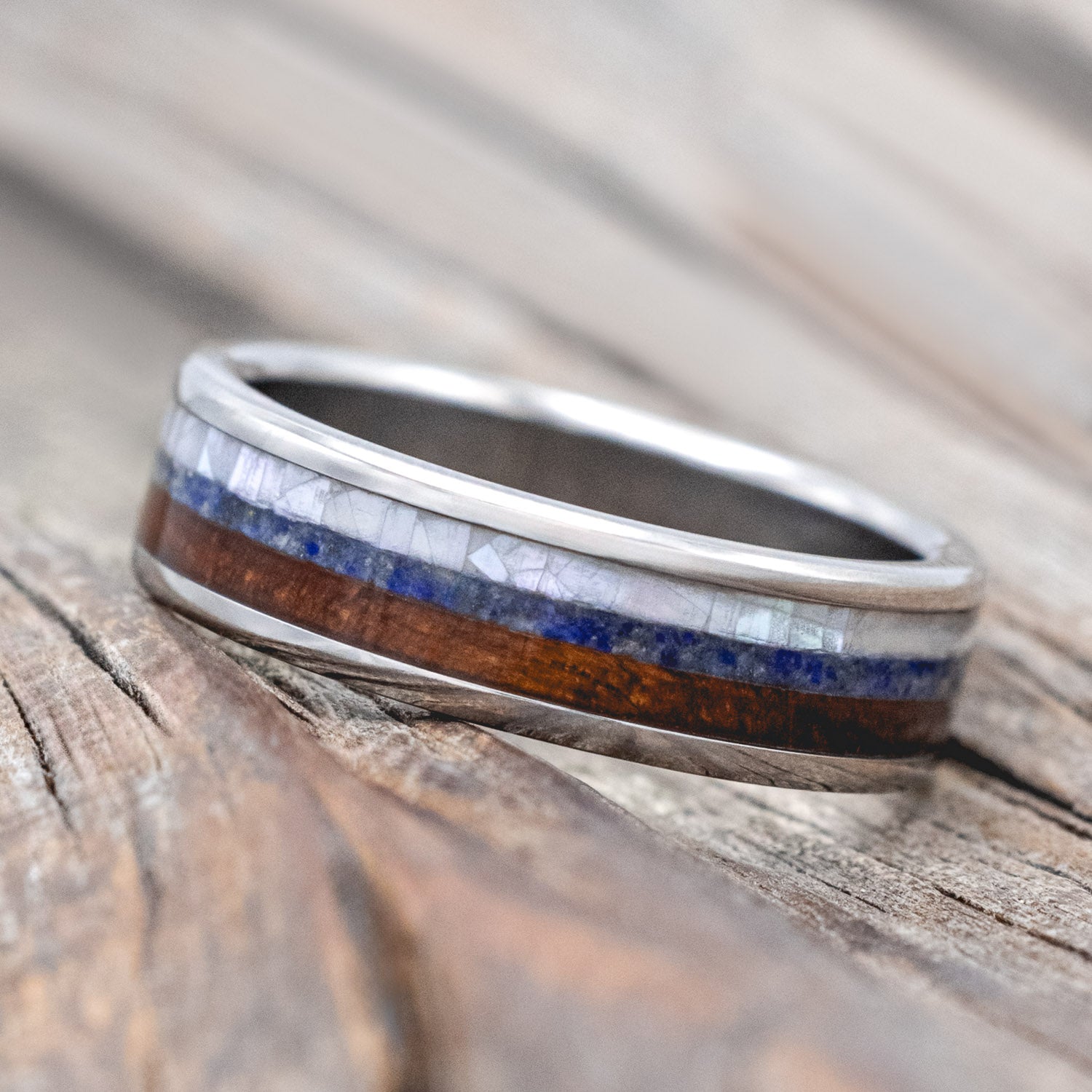 "RAINIER" - MOTHER OF PEARL, LAPIS LAZULI & KOA WOOD WEDDING BAND-Staghead Designs