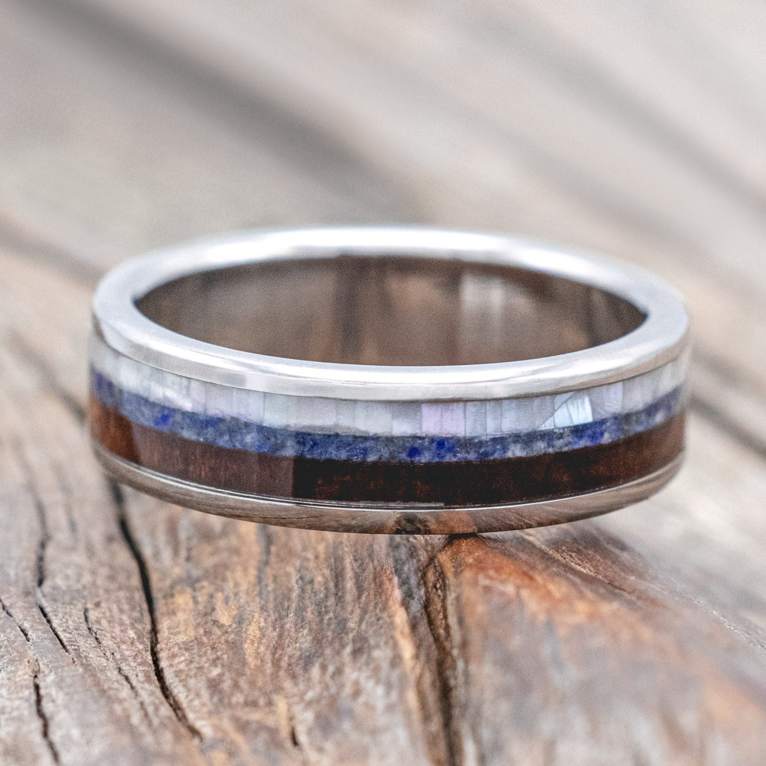 "RAINIER" - MOTHER OF PEARL, LAPIS LAZULI & KOA WOOD WEDDING BAND-Staghead Designs