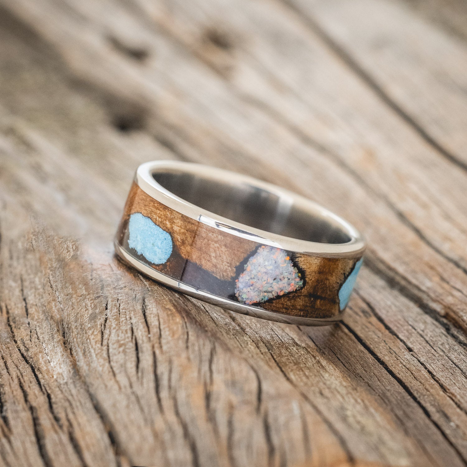 "RAINIER" - BUCKEYE BURL WOOD, OPAL & TURQUOISE WEDDING BAND-2