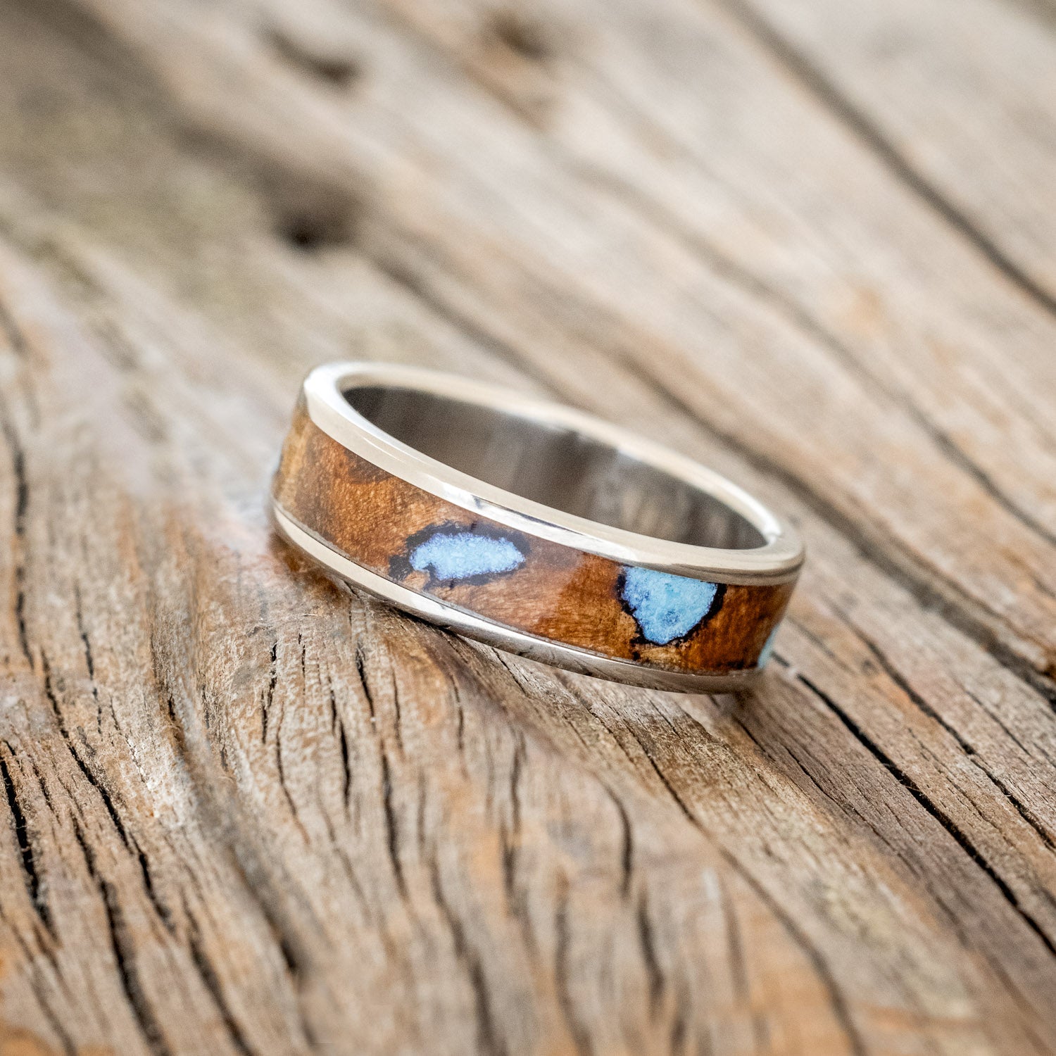 "RAINIER" - BUCKEYE BURL & TURQUOISE WEDDING BAND-2