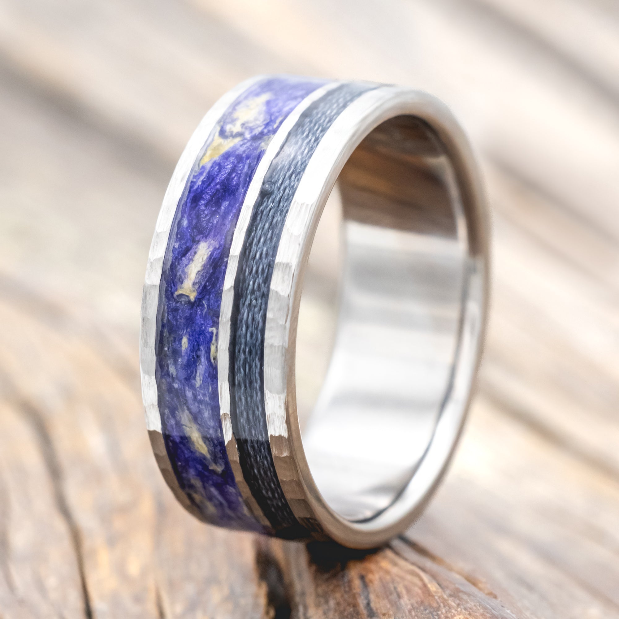 "RAPTOR" - BLUEBELL PETALS & GREY FISHING LINE INLAY WEDDING RING-Staghead Designs