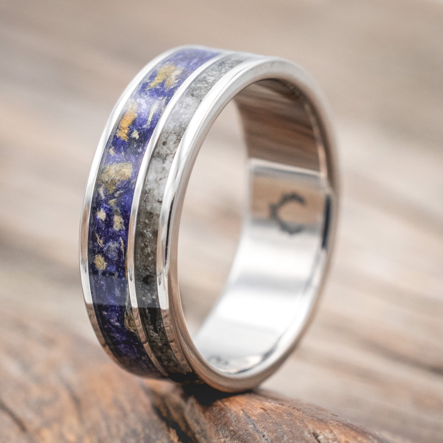 Wider "Raptor"- wedding ring featuring bluebell petals & moonstone inlays