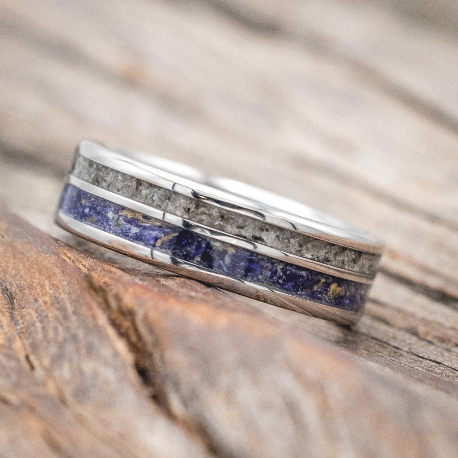 Narrower "Raptor"- wedding ring featuring bluebell petals & moonstone inlays