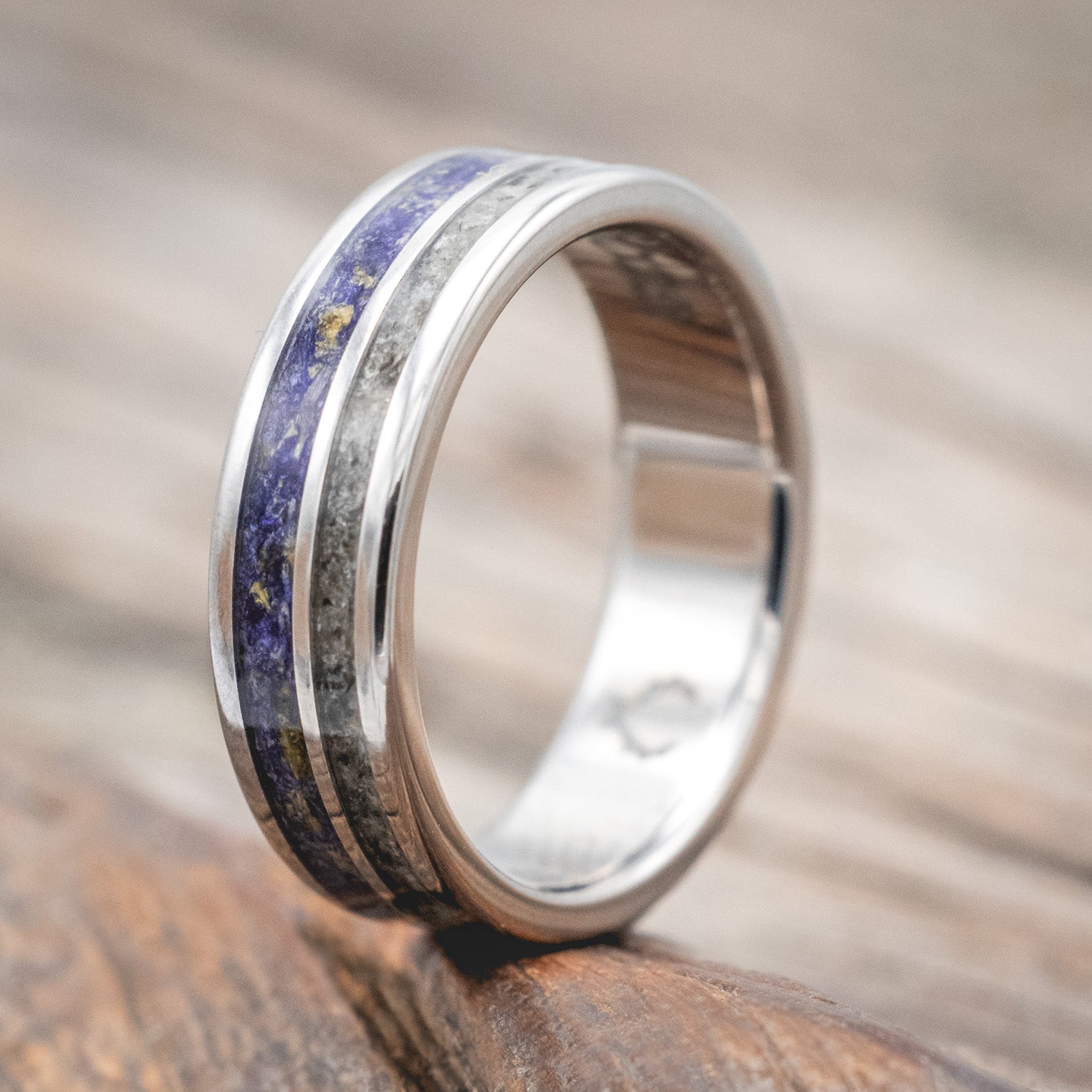 Narrower "Raptor"- wedding ring featuring bluebell petals & moonstone inlays