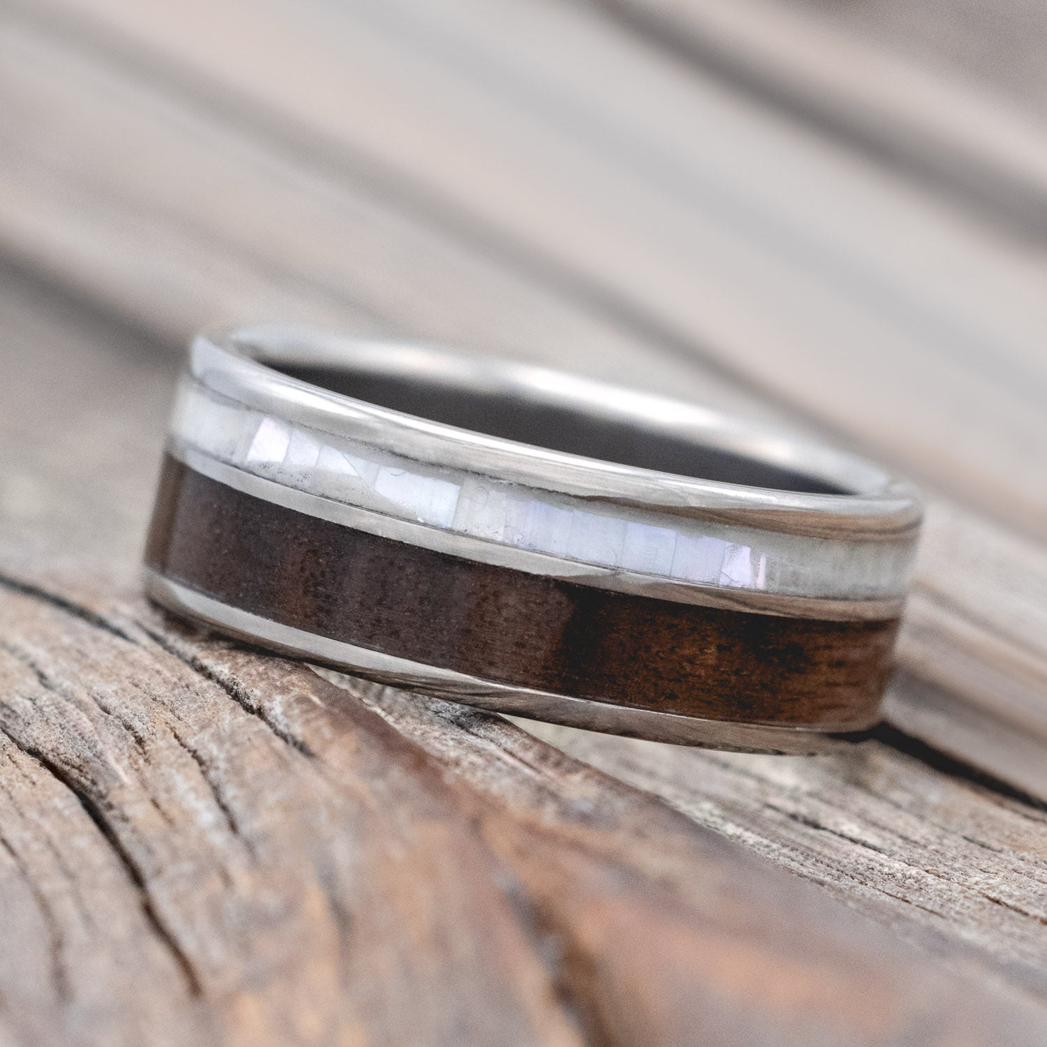 "RAPTOR" - DARK WALNUT WOOD & MOTHER OF PEARL WEDDING BAND-Staghead Designs