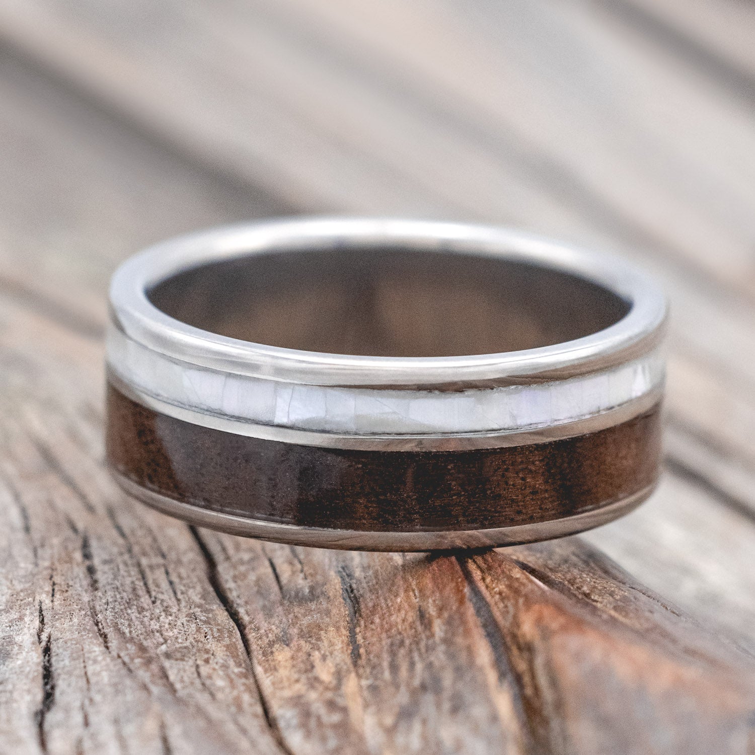 "RAPTOR" - DARK WALNUT WOOD & MOTHER OF PEARL WEDDING BAND-Staghead Designs