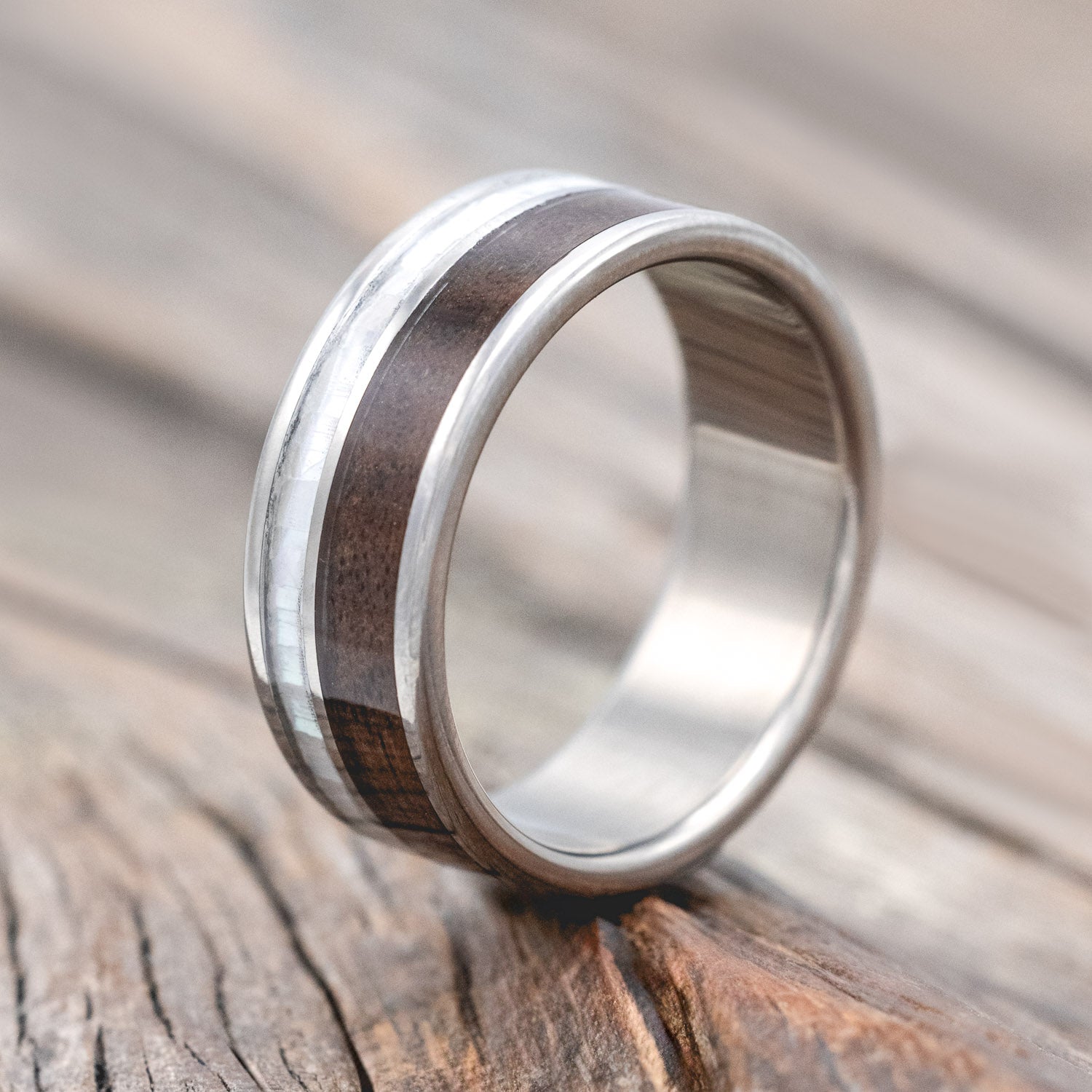 "RAPTOR" - DARK WALNUT WOOD & MOTHER OF PEARL WEDDING BAND-Staghead Designs