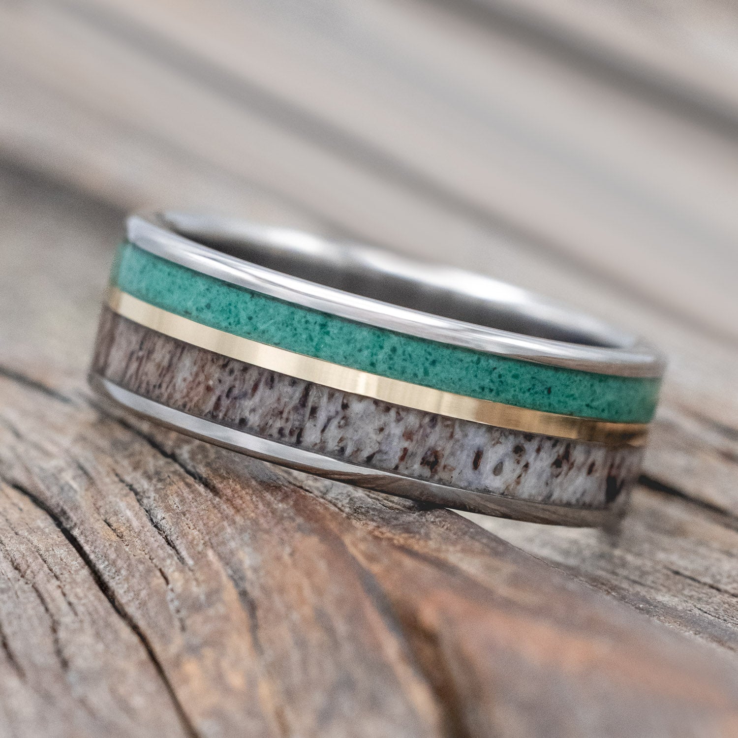 "RAPTOR" - MALACHITE, ANTLER & 14K GOLD INLAY WEDDING RING-Staghead Designs