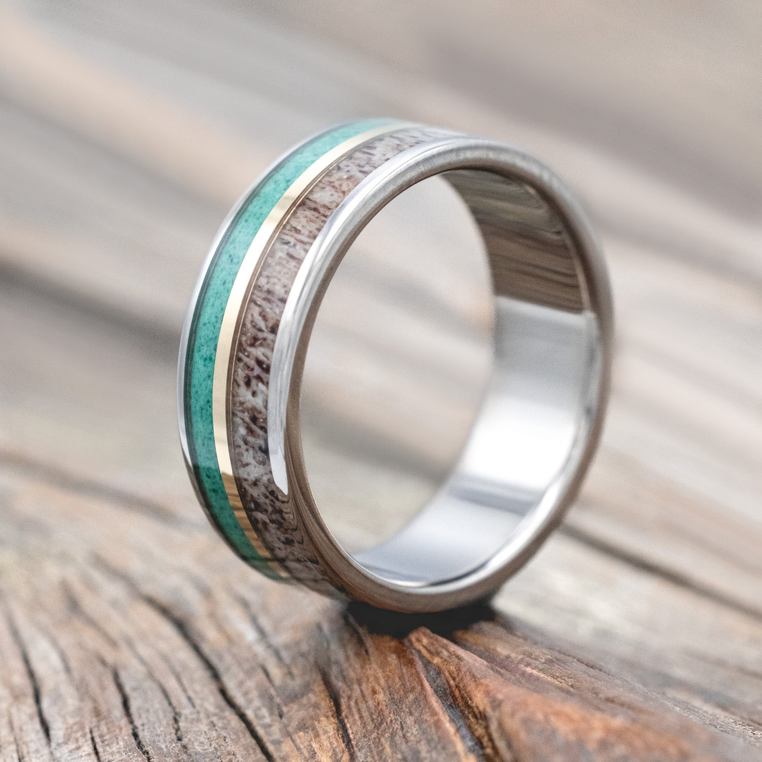 "RAPTOR" - MALACHITE, ANTLER & 14K GOLD INLAY WEDDING RING-Staghead Designs