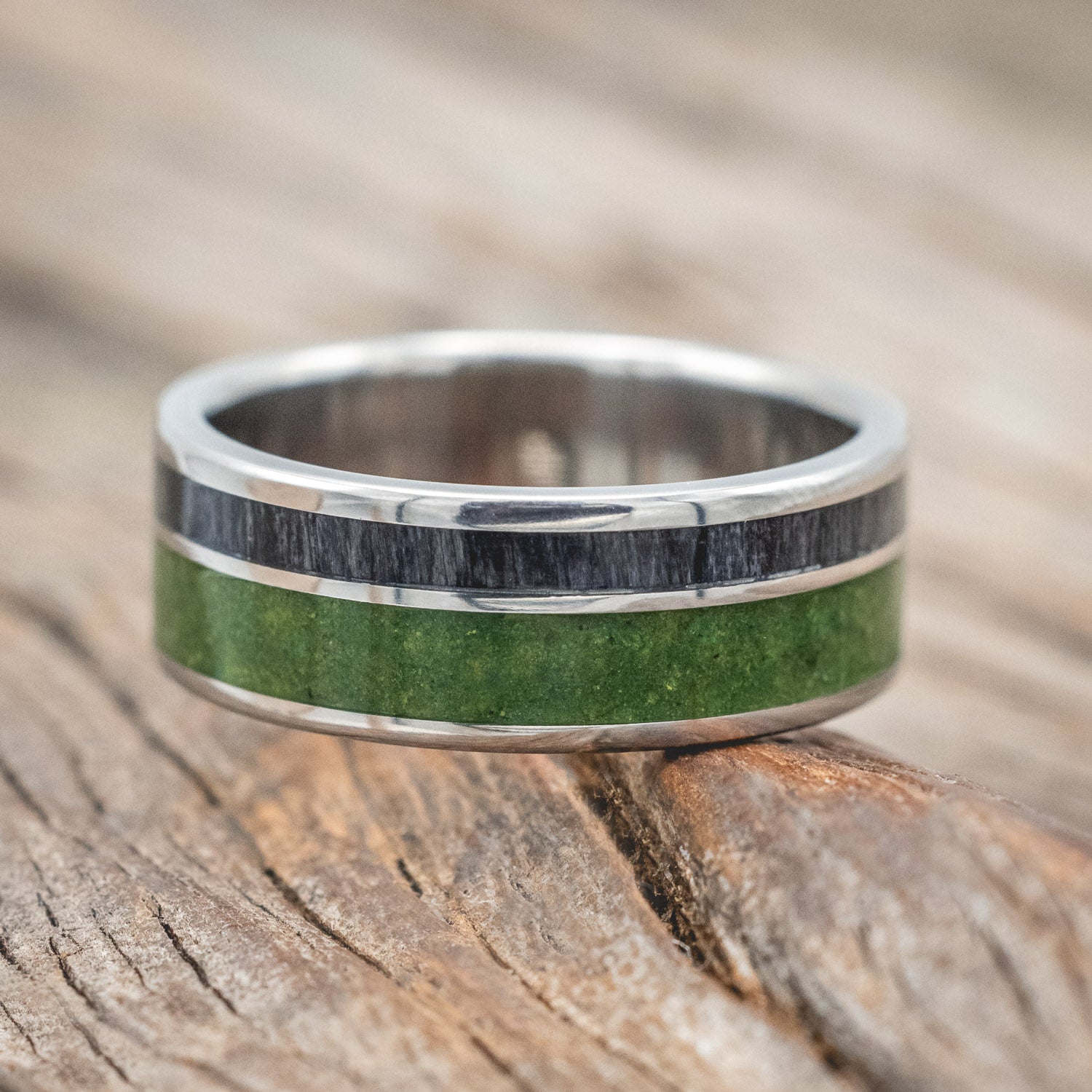 "RAPTOR" - MOSS WITH GREY BIRCH WOOD WEDDING BAND-Staghead Designs
