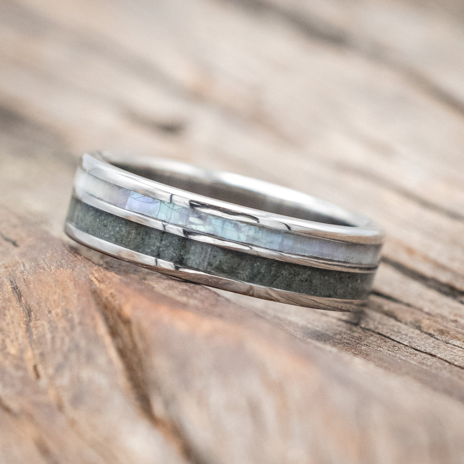 "RAPTOR" - MOTHER OF PEARL & CRUSHED MOSS AGATE WEDDING BAND-Staghead Designs