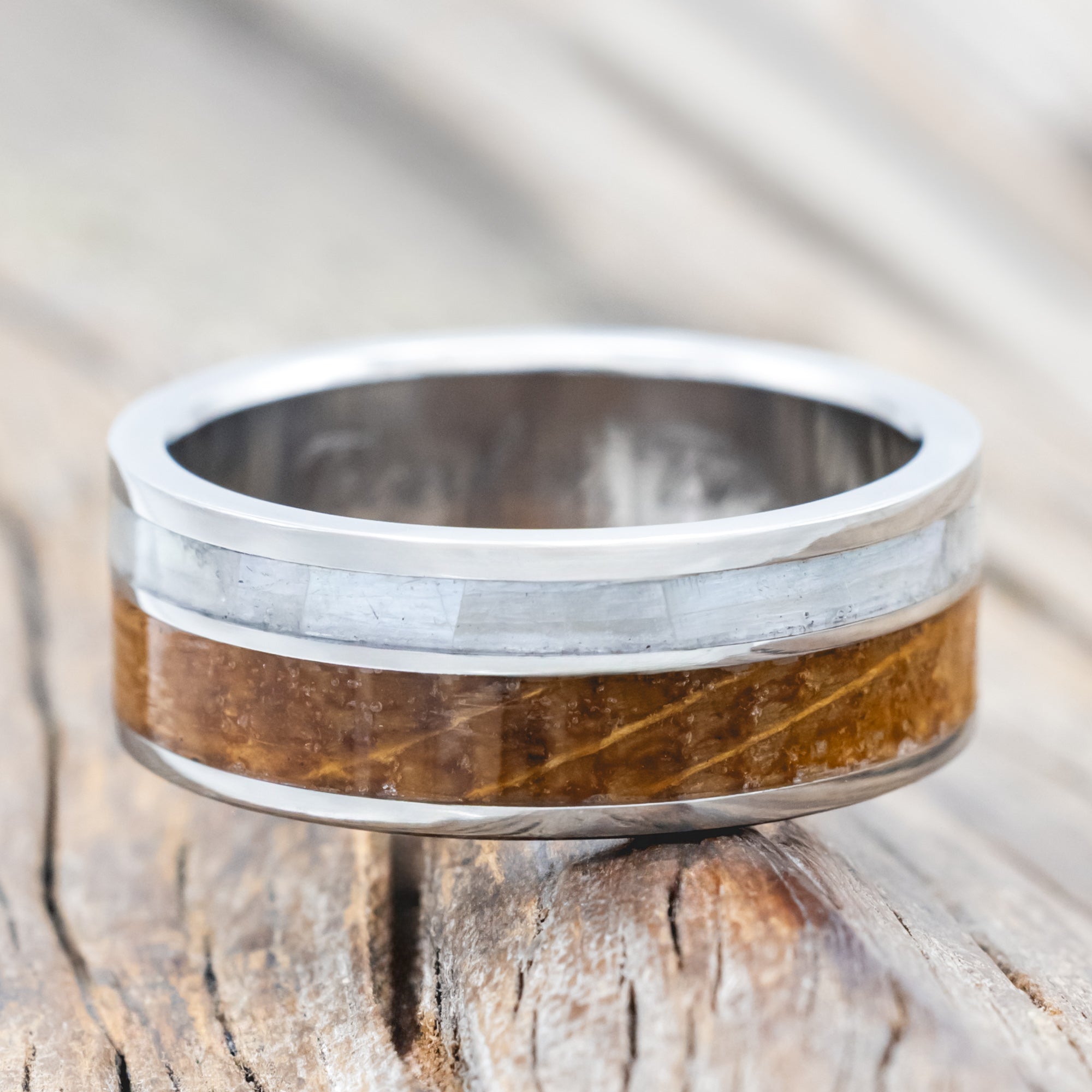 "RAPTOR" - MOTHER OF PEARL & WHISKEY BARREL OAK WEDDING BAND-Staghead Designs