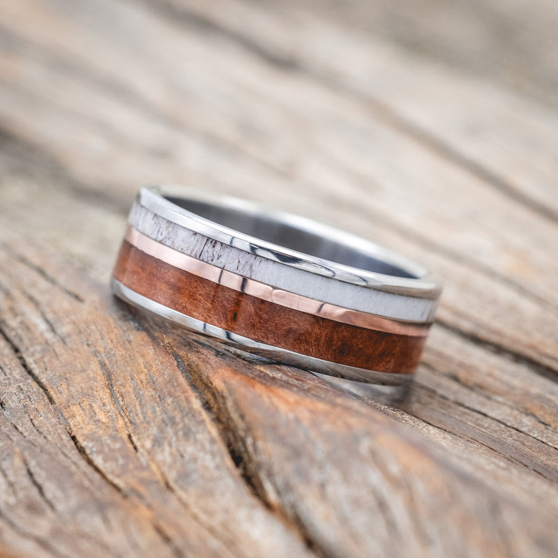 "RAPTOR" - REDWOOD WITH ANTER & 14K GOLD INLAY WEDDING RING-Staghead Designs