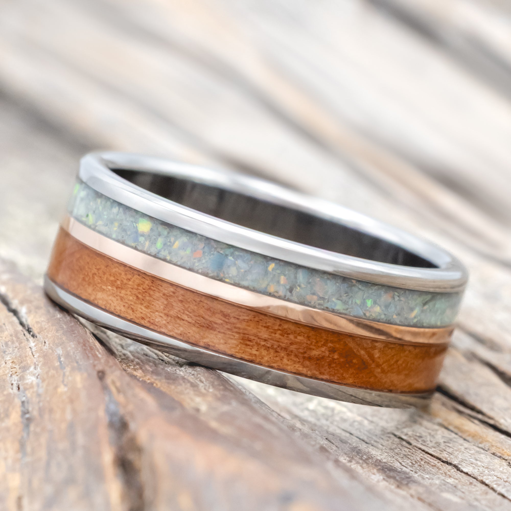 "RAPTOR" - REDWOOD WITH FIRE & ICE OPAL & 14K GOLD INLAY WEDDING RING-Staghead Designs
