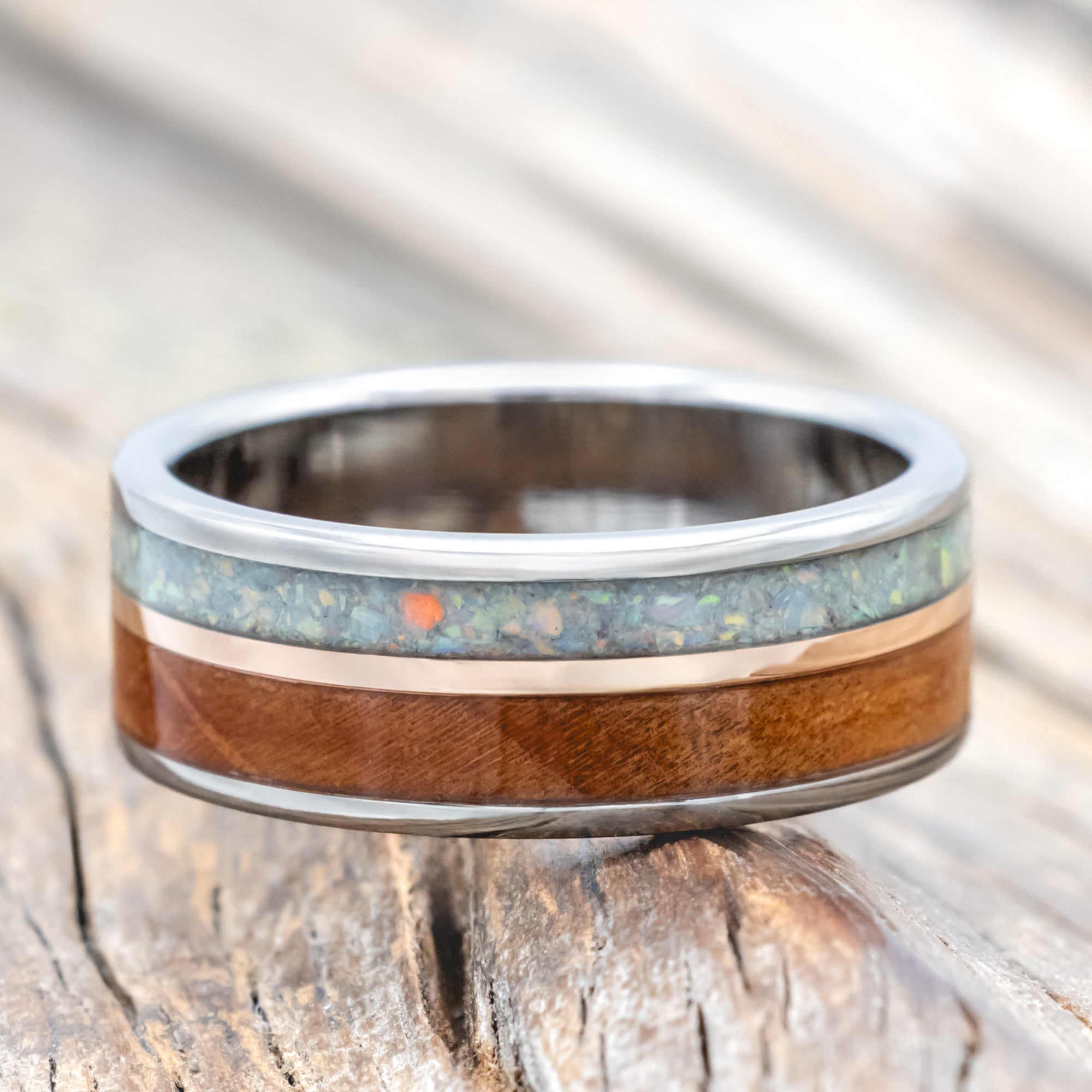 "RAPTOR" - REDWOOD WITH FIRE & ICE OPAL & 14K GOLD INLAY WEDDING RING-Staghead Designs