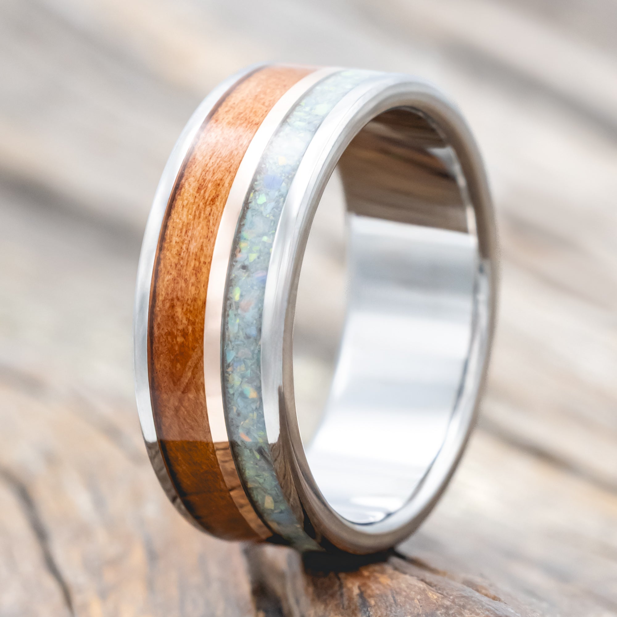 "RAPTOR" - REDWOOD WITH FIRE & ICE OPAL & 14K GOLD INLAY WEDDING RING-Staghead Designs