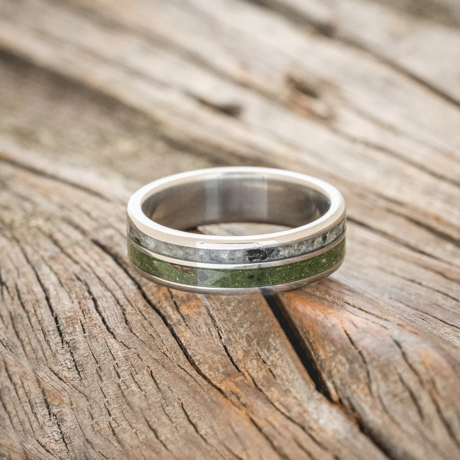 "RAPTOR" - MOSS WITH MOLDAVITE & MOONSTONE MIX WEDDING BAND - TITANIUM (6MM) - SIZE 6 1/2-Staghead Designs