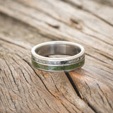 "RAPTOR" - MATCHING SET OF MOSS WITH MOLDAVITE & MOONSTONE MIX WEDDING BANDS