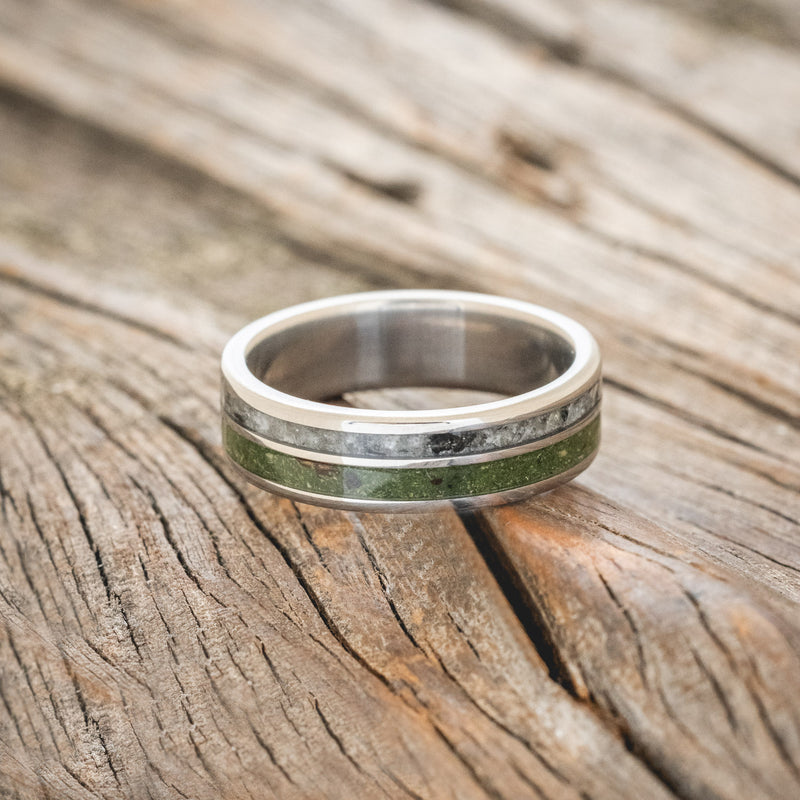 "RAPTOR" - MATCHING SET OF MOSS WITH MOLDAVITE & MOONSTONE MIX WEDDING BANDS-7