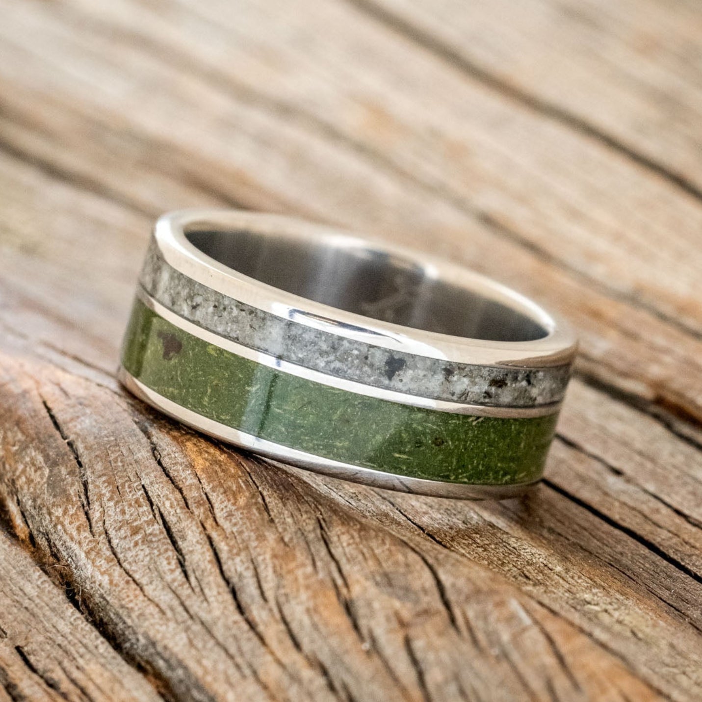 "RAPTOR" - MOSS WITH MOLDAVITE & MOONSTONE MIX WEDDING BAND-2