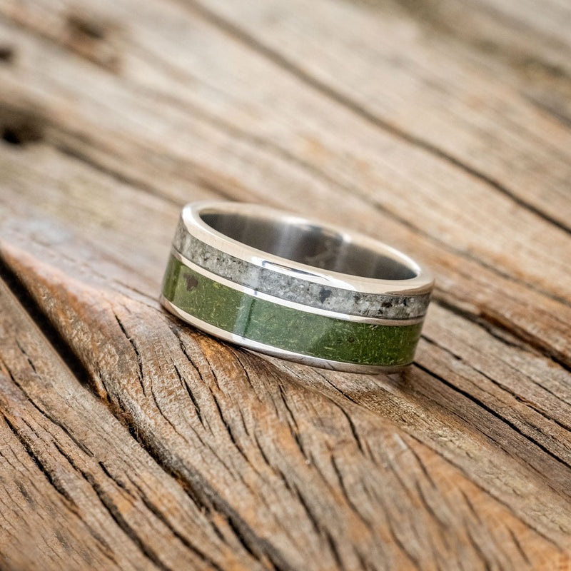 "RAPTOR" - MOSS WITH MOLDAVITE & MOONSTONE MIX WEDDING BAND-2