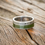 "RAPTOR" - MATCHING SET OF MOSS WITH MOLDAVITE & MOONSTONE MIX WEDDING BANDS